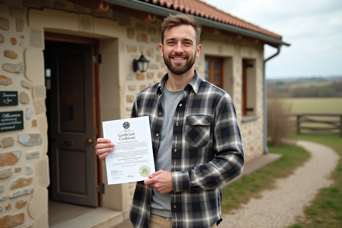 Jeune homme français tenant un certificat d