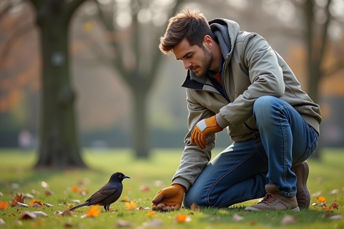 Jeune homme aidant un oiseau blessé dans un parc