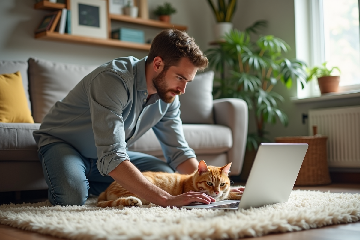 Jeune homme caressant un chat ginger avec ordinateur