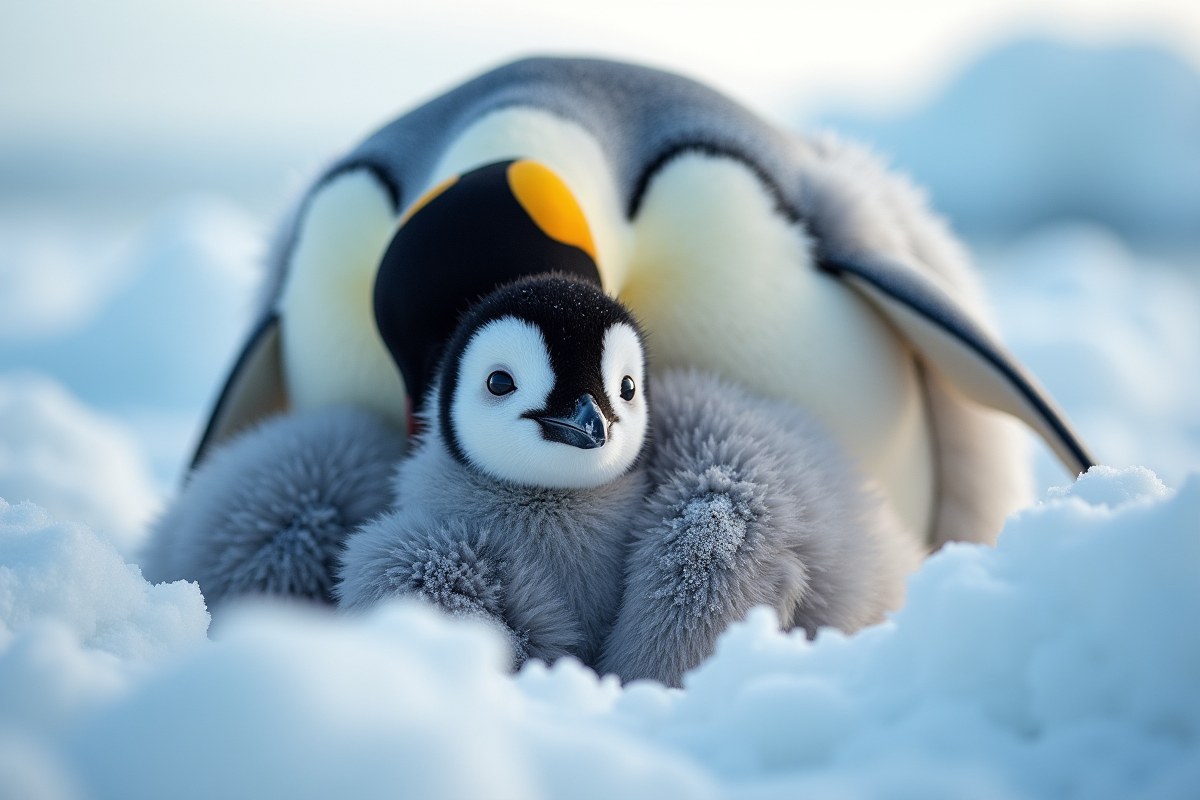 Jeune penguin empereur contre son parent en Antarctique