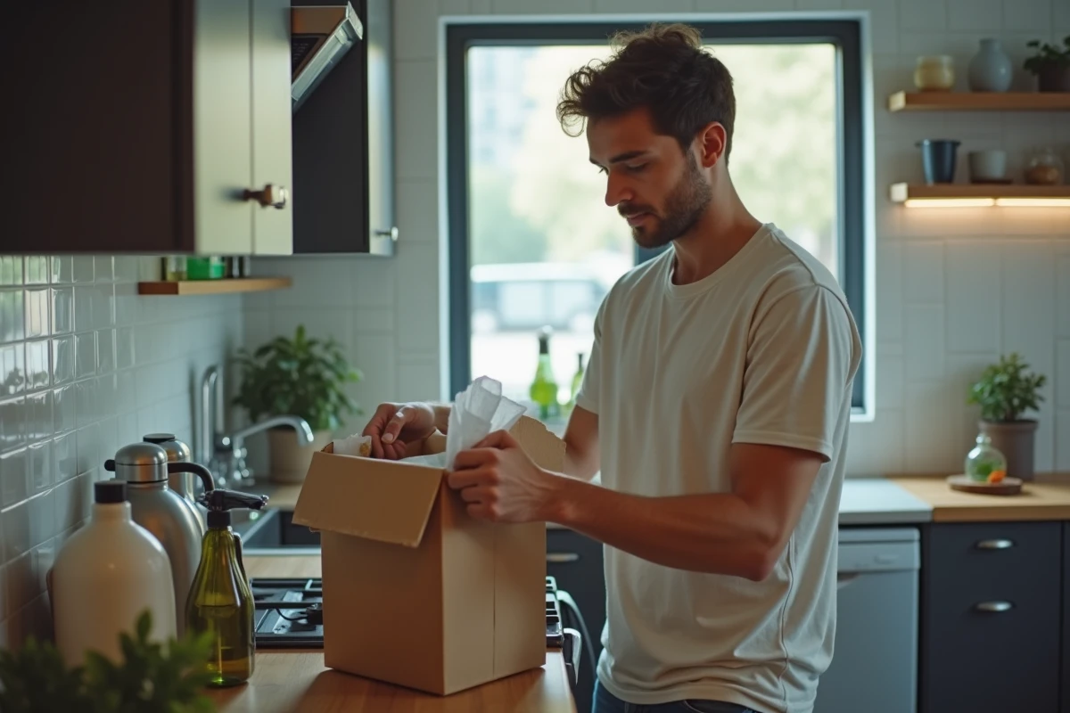 Jeune triant des déchets recyclables dans sa cuisine moderne