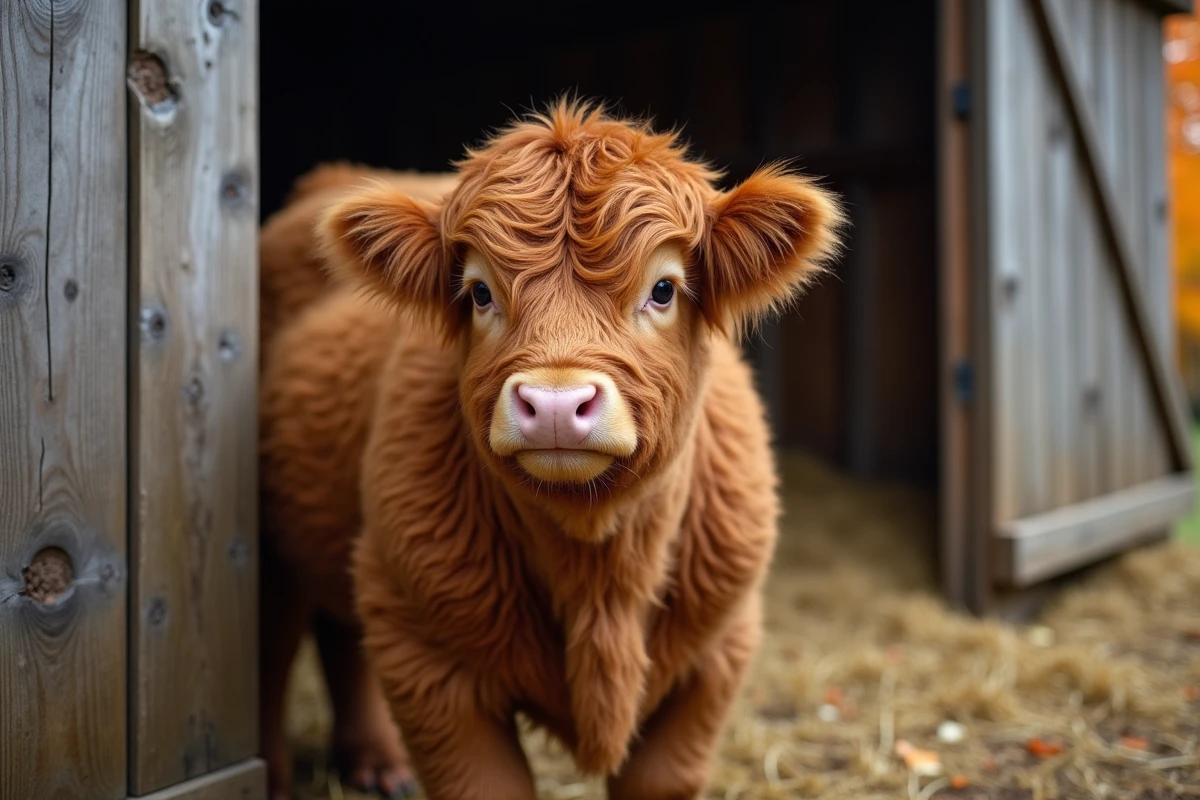 Jeune vache Highland fluffy au pelage caramel près d'une clôture en bois rustique dans une ferme en automne
