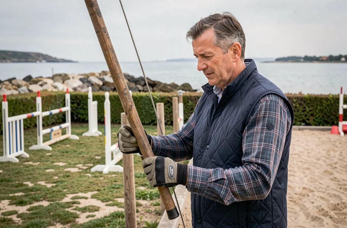 Un instructeur en veste matelassée marine réglant un obstacle de saut dans le centre équestre de Joalland Équitation à La Plaine-sur-Mer