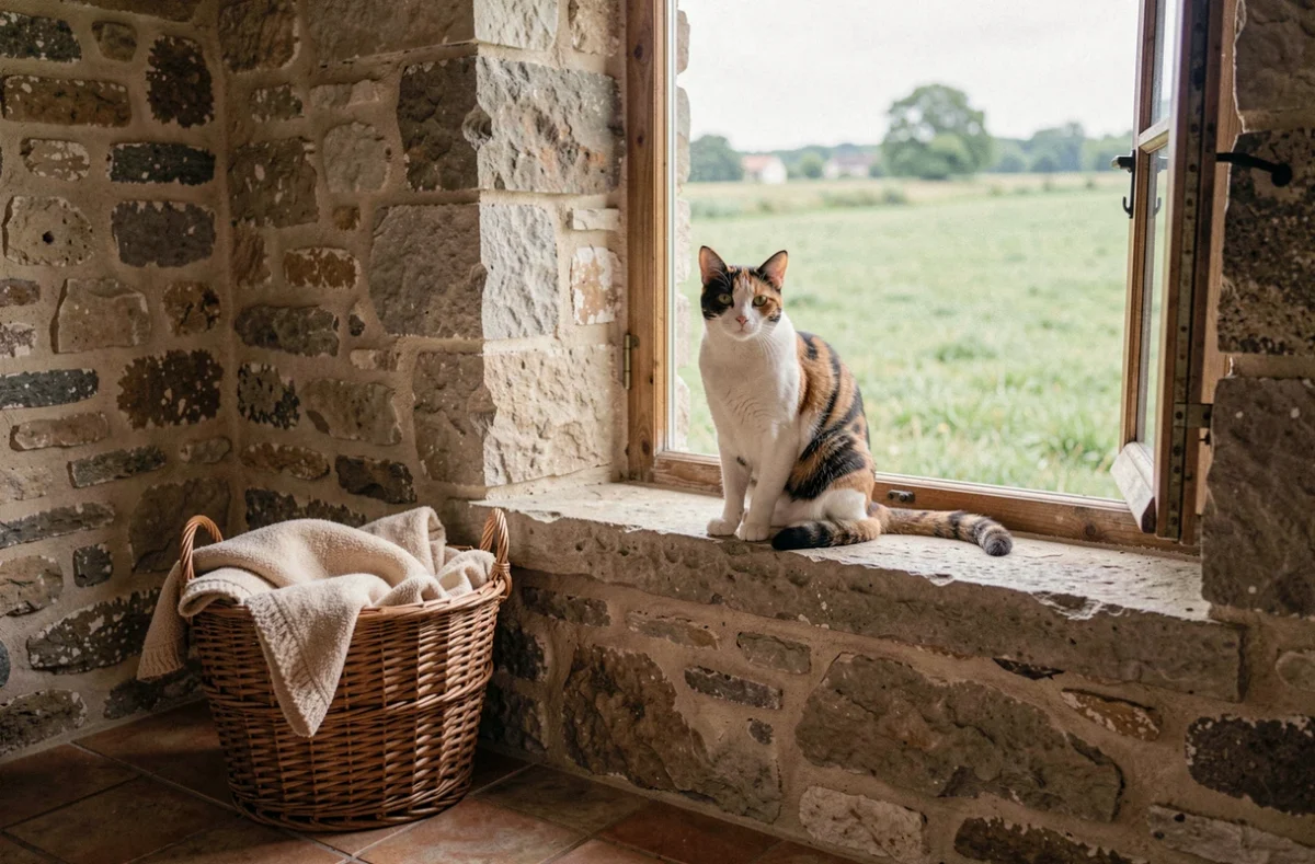 Un chat calico posé sur un rebord de fenêtre en pierre dans la pension animaux Les Terres d'Azade à Châtillon-sur-Chalaronne