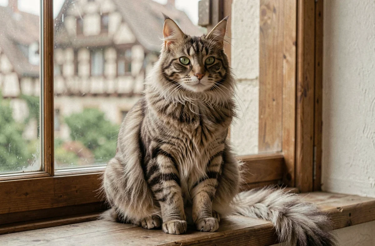 Maine Coon majestueux assis sur un rebord de fenêtre avec une vue sur l'architecture alsacienne traditionnelle à colombages, fourrure épaisse et oreilles en pinceaux bien visibles