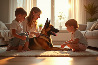 Malinois jouant avec famille dans un salon lumineux