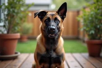 Chien malinois lab assis sur une terrasse en bois, regard alerte et posture musclée, illustrant le caractère actif et intelligent du croisé malinois labrador