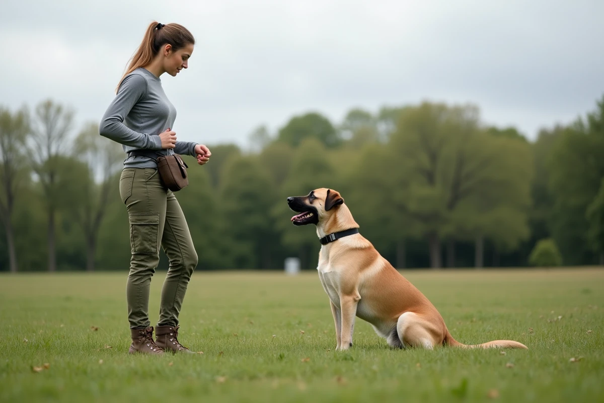 Femme entraînant un chien malinois lab dans un parc herbeux, illustrant les besoins en stimulation mentale et physique du croisé malinois labrador