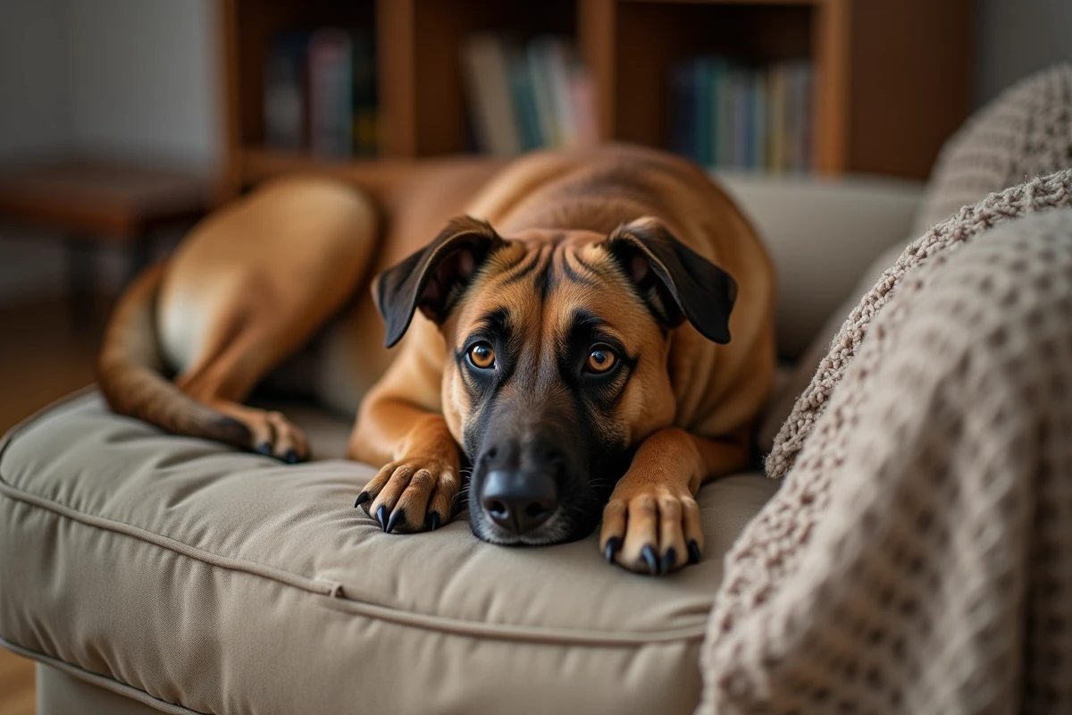 Chien malinois lab allongé sur un canapé en intérieur, expression calme et jouet à proximité, illustrant les erreurs à éviter avec un croisé malinois labrador mal stimulé