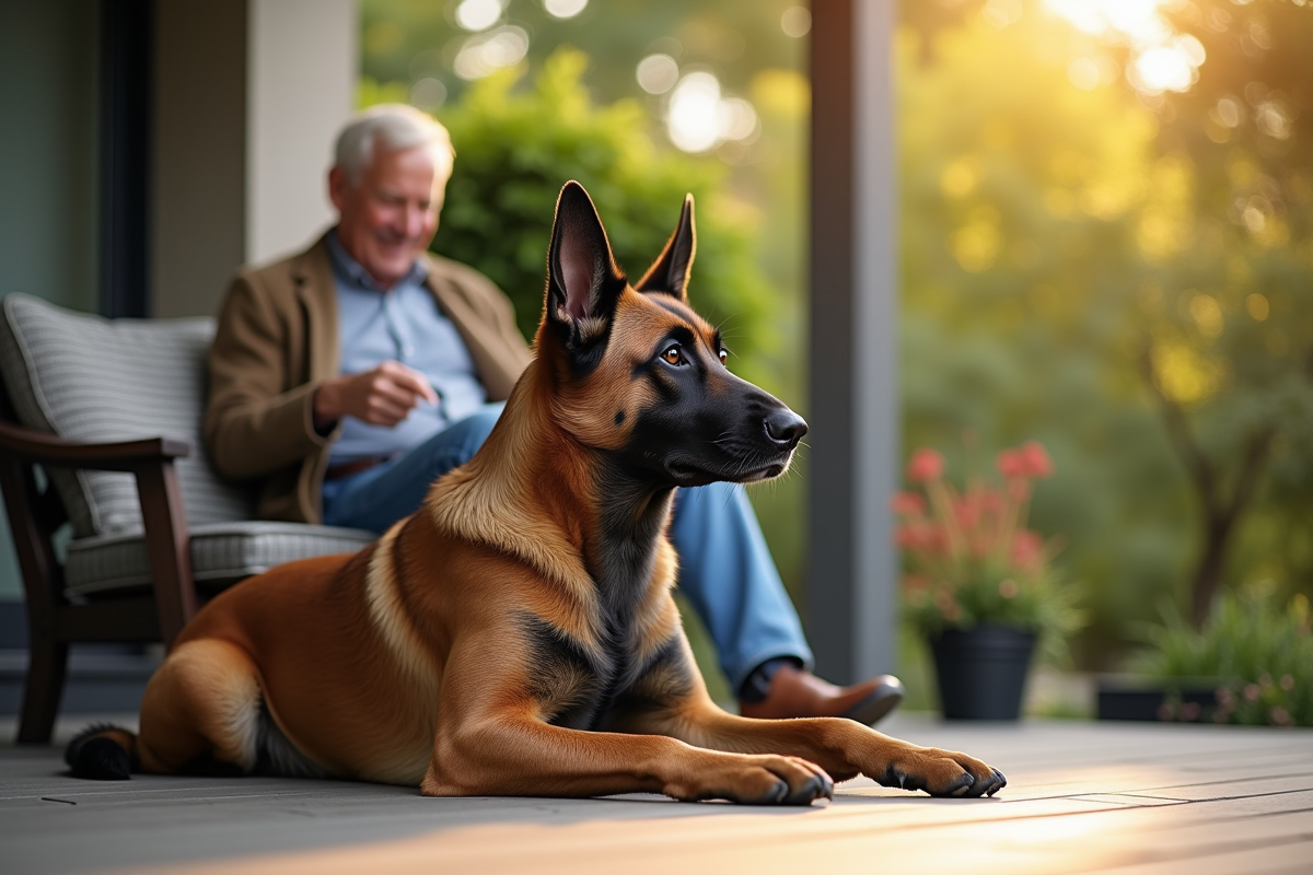 Malinois reposant sur le porche avec un homme âgé