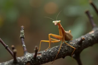 Mante religieuse rare posée sur une branche d'écorce de chêne dans un garrigue méditerranéen, photographiée en macro avec un faible angle de vue