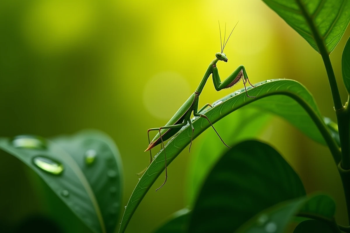 Mante religieuse verte camouflée sous une grande feuille dans un jardin luxuriant, photographiée en contre-plongée avec bokeh naturel