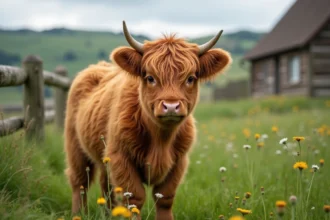 Mini vache Highland au pelage roux dans un pré verdoyant de campagne française