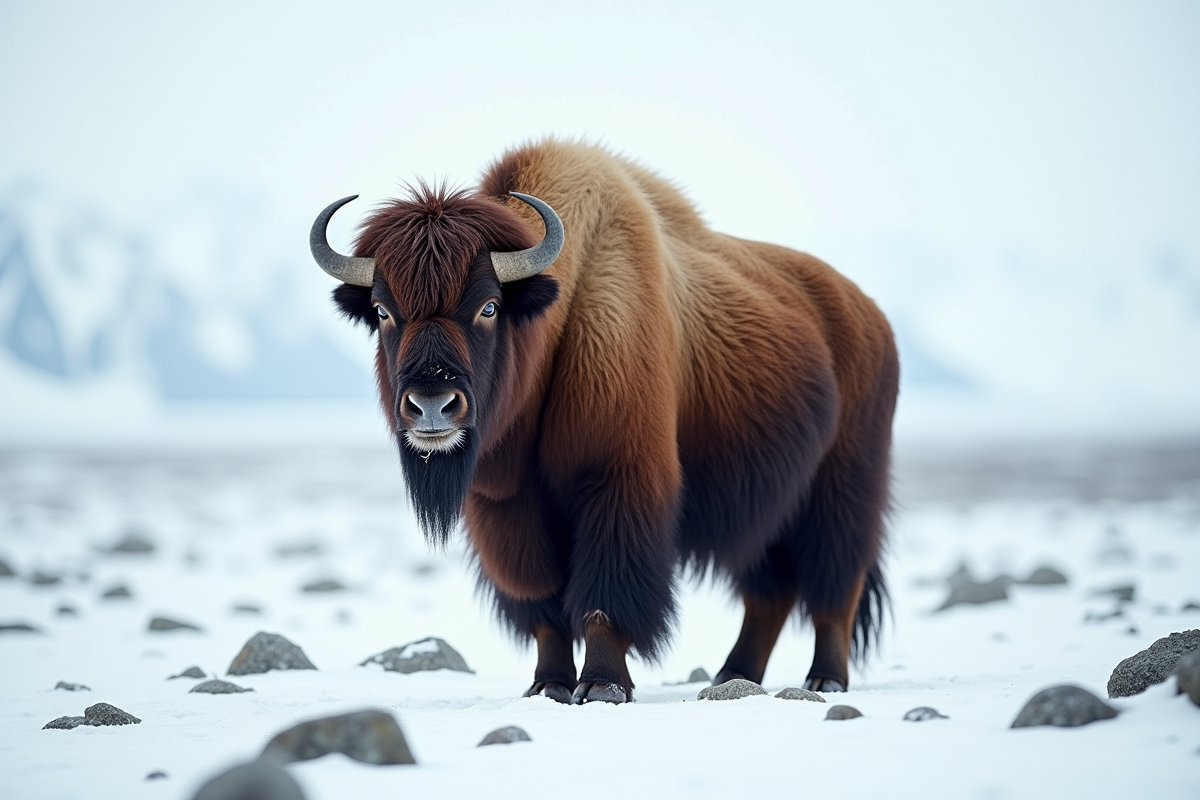 Musk ox mâle dans la toundra arctique enneigee
