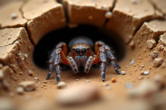 Mygale de Provence émergeant de son terrier dans un sol méditerranéen fissuré et asséché par la sécheresse
