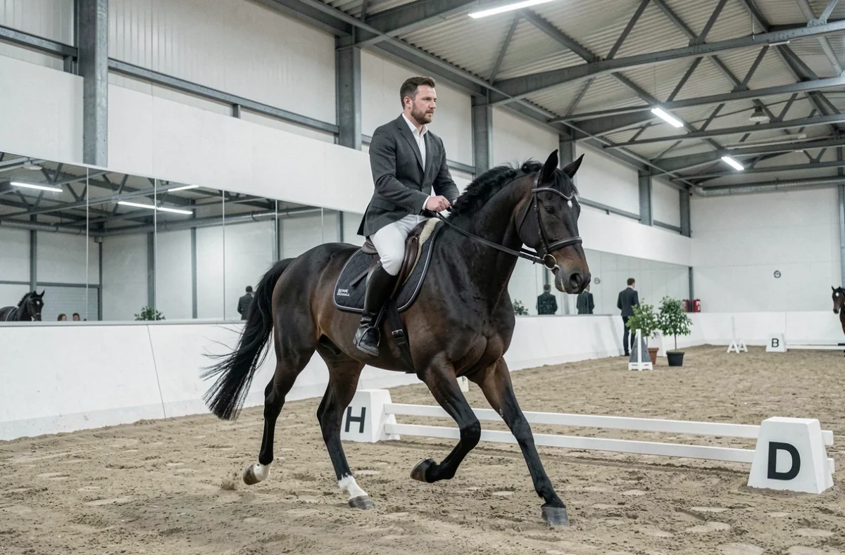 Un cavalier en veste grise effectuant une extension de trot sur un cheval bai foncé dans le manège couvert de Nantes Équitation
