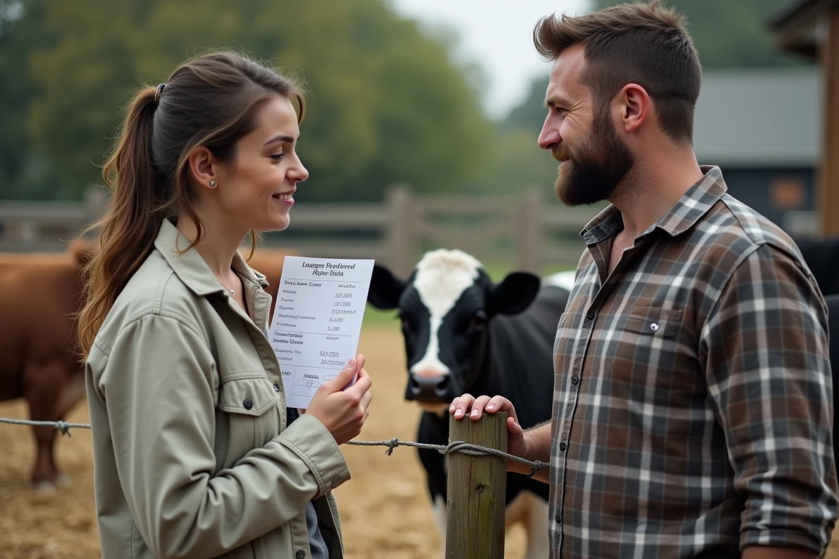 Négociation du prix d'une mini vache Dexter entre acheteur et éleveur dans un marché agricole