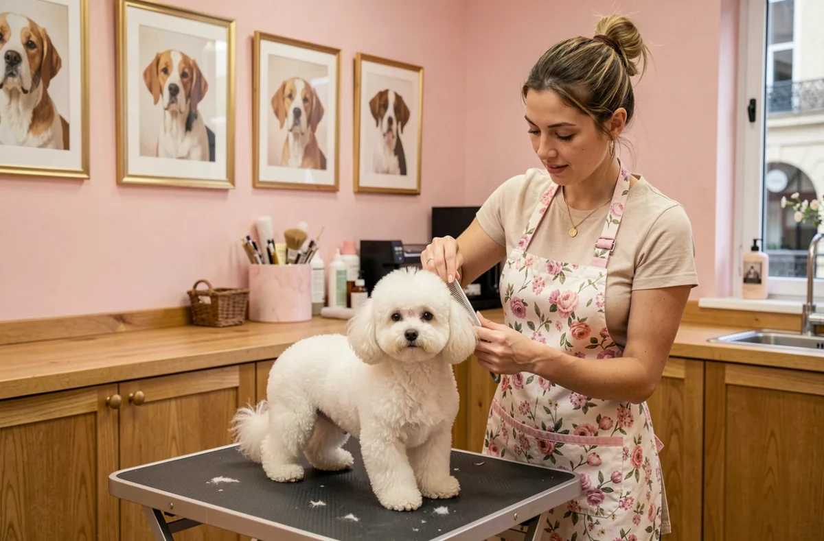 Salon de beauté animale Nina Dalle avec une toiletteuse coiffant un bichon blanc