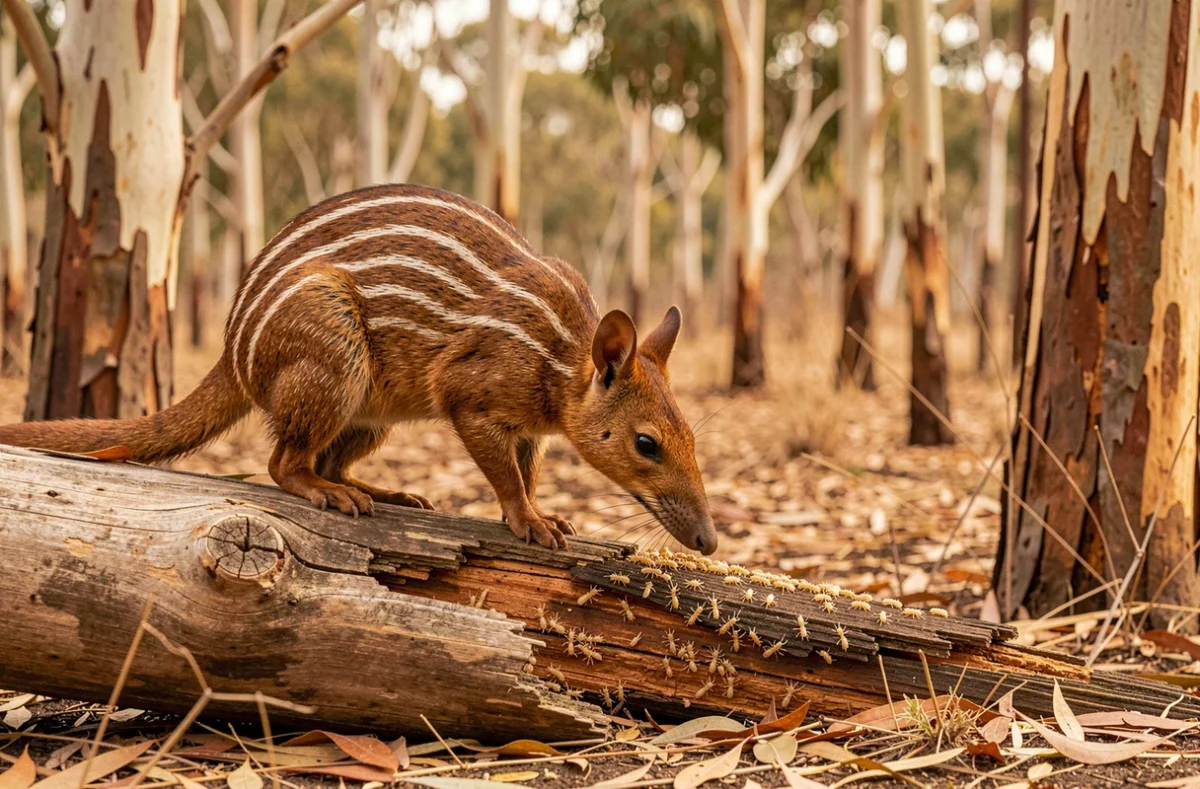 Numbat perché sur un tronc d'eucalyptus en Australie, animal insectivore spécialisé dans la consommation de fourmis et termites, espèce vulnérable