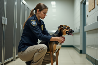 Jeune femme animalier avec un chien dans refuge