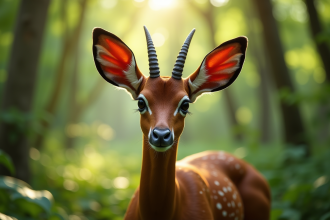 Okapi dans une forêt verte ensoleillée avec focus sur son visage