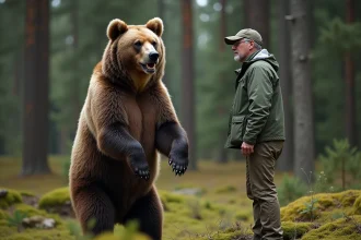 Ours grizzly adulte avec homme en forêt sauvage