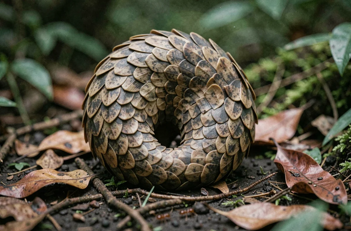 Pangolin roulé en boule sur un sol forestier africain, montrant ses écailles protectrices caractéristiques, espèce menacée consommatrice de fourmis