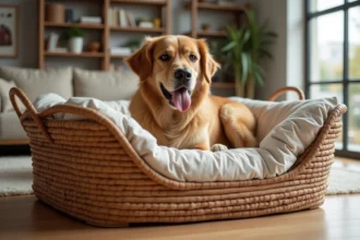 Grand chien de race golden retriever installé dans un panier solide en rotin renforcé sur parquet en bois dans un salon moderne