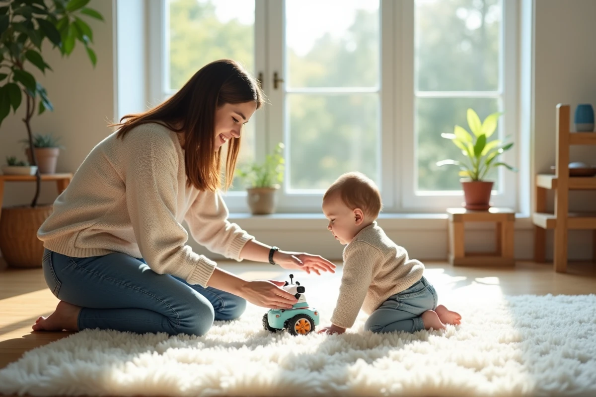 Parent et enfant jouent avec un robot chien dans la pièce