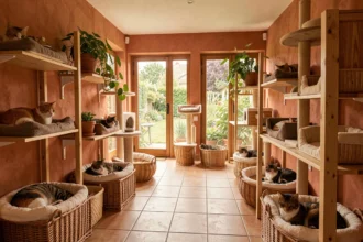 Vue d'ensemble d'une pension pour chats en Auvergne-Rhône-Alpes avec des chats de différentes races installés dans des espaces confortables et chaleureux