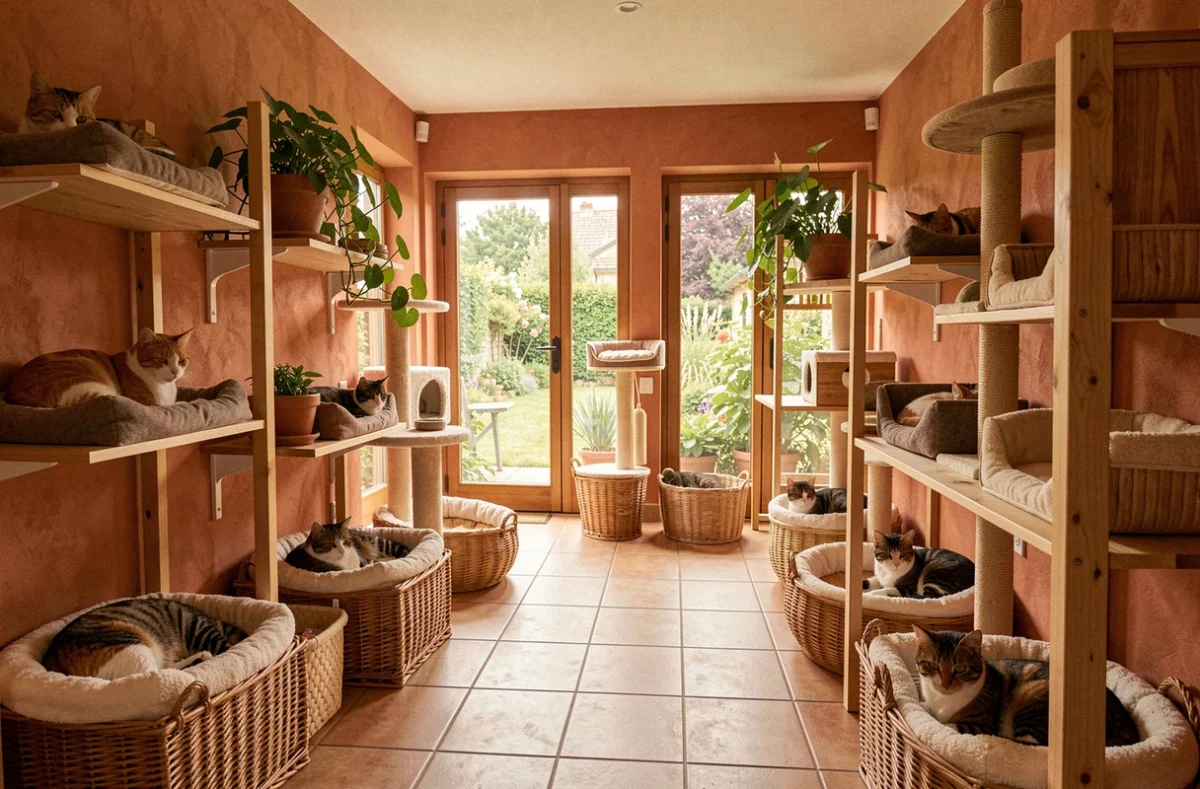 Vue d'ensemble d'une pension pour chats en Auvergne-Rhône-Alpes avec des chats de différentes races installés dans des espaces confortables et chaleureux