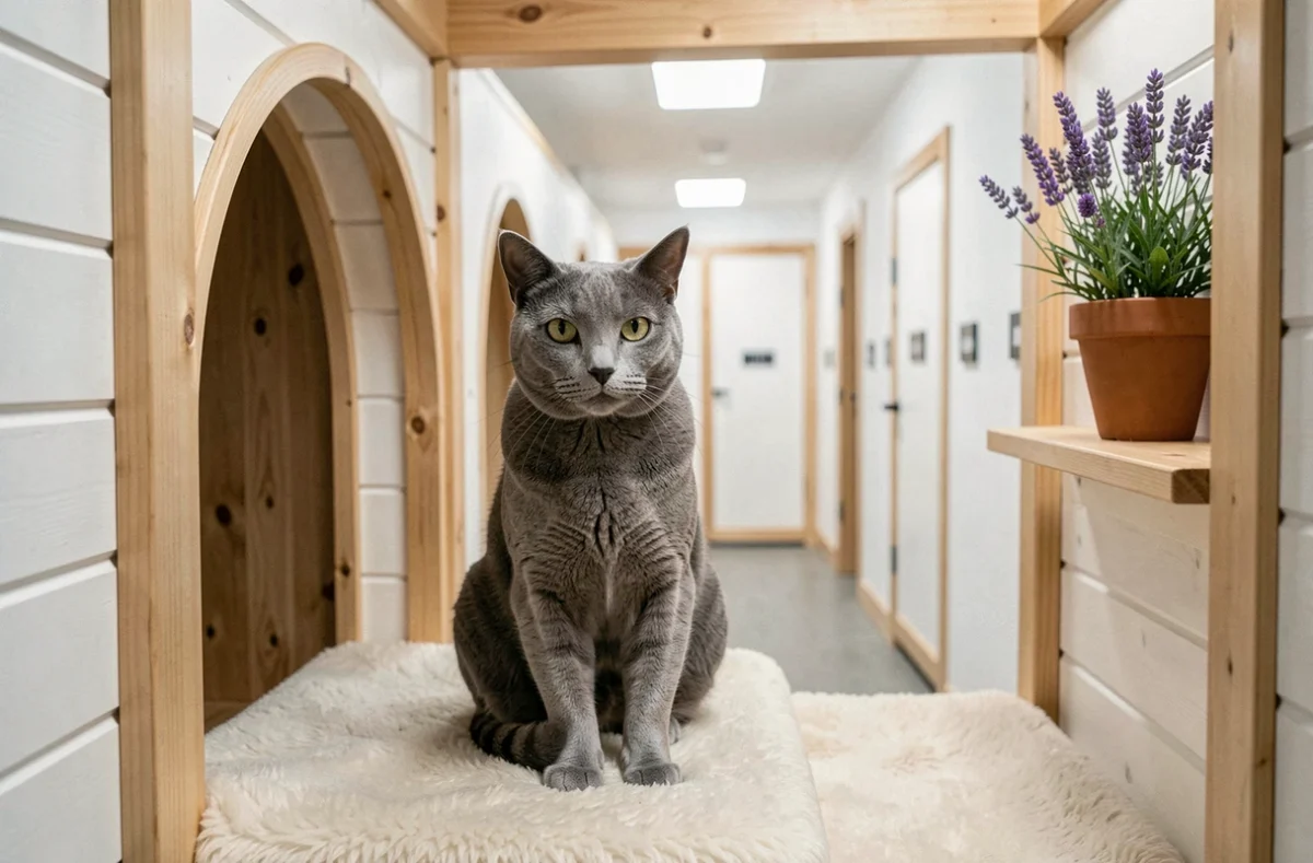 Un chat British Shorthair assis dans un espace modulaire soigné à la Pension Féline de l'Arbresle