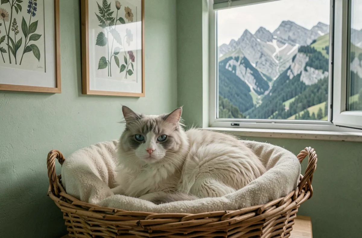Un chat Ragdoll blotti dans un panier en osier avec la forêt de Chartreuse visible en arrière-plan à la Pension Féline de Chartreuse à Saint-Égrève en Isère