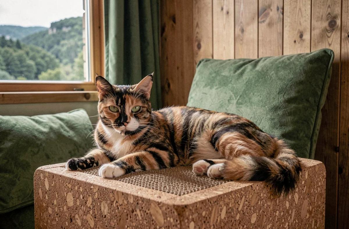 Une chatte écaille de tortue allongée sur une plateforme en liège dans la pension Féline du Pilat à Pélussin dans la Loire