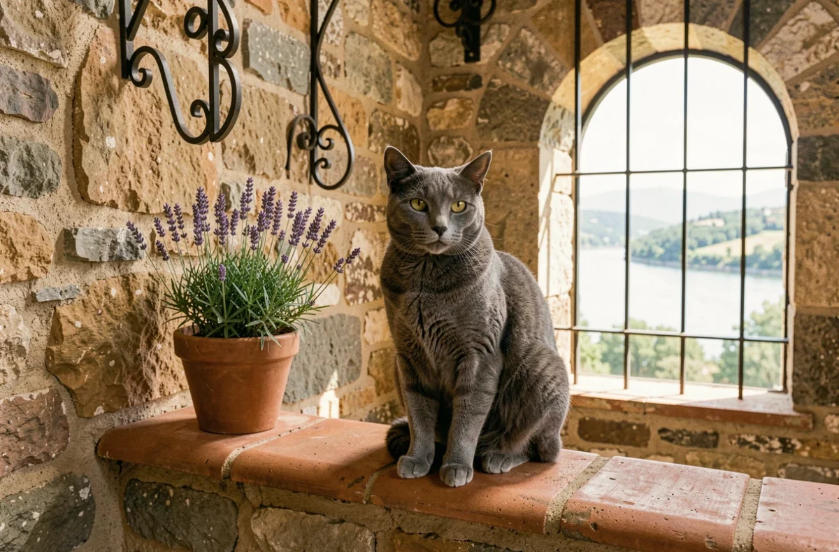 Un chat européen gris assis sur un rebord en terracotta à la Pension Saint-Roch à Tournon-sur-Rhône en Ardèche
