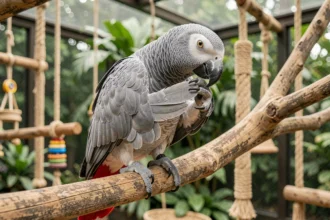 Perroquet gris du Gabon perché sur une branche en bois dans une volière naturelle, montrant son plumage argenté et sa queue rouge caractéristique