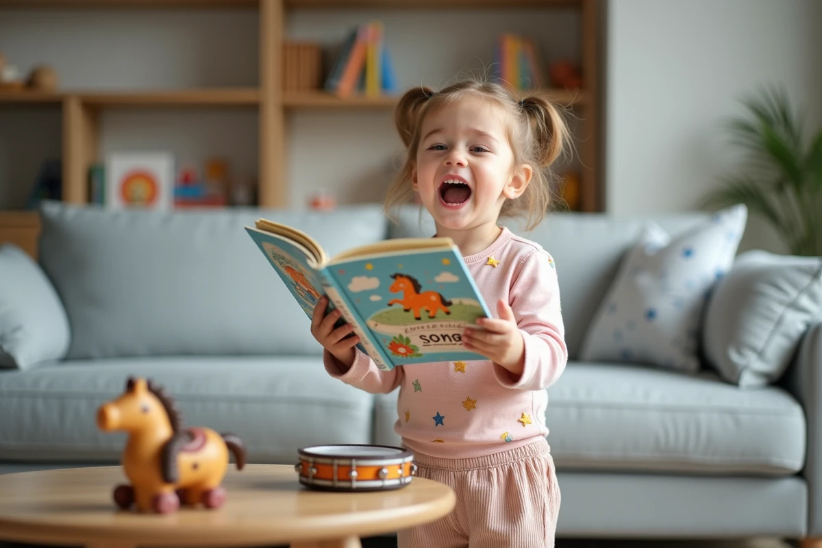 Petite fille chantant la chanson du cheval avec un livre illustré dans un salon familial lors d'une séance d'éveil musical à la maison