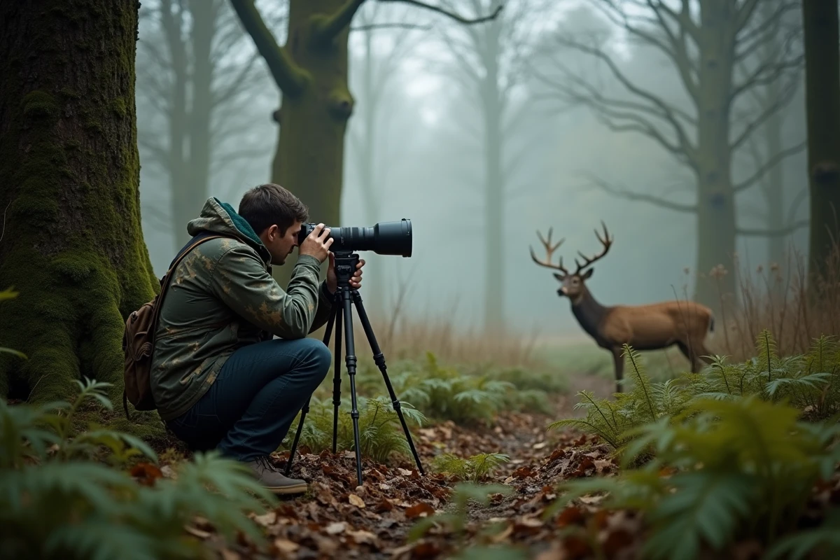 Photographe animalier à l'affût dans la forêt pour observer le brame du cerf
