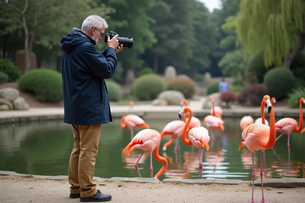 Homme photographiant des flamants roses au zoo de La Palmyre
