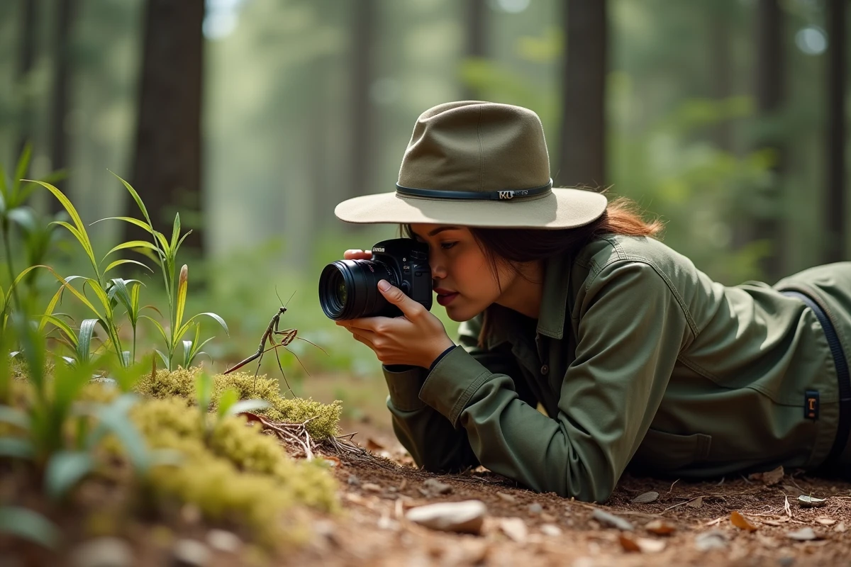 Photographe femme allongée au sol dans une forêt photographiant une mante religieuse sur un brin d'herbe sans la déranger