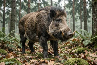 Sanglier adulte de grande taille dans une forêt européenne dense, illustrant le poids imposant des sangliers sauvages en 2026