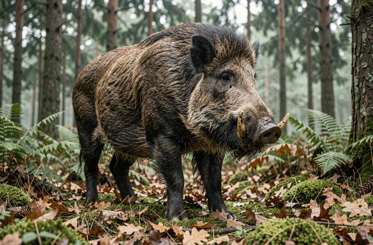 Sanglier adulte de grande taille dans une forêt européenne dense, illustrant le poids imposant des sangliers sauvages en 2026