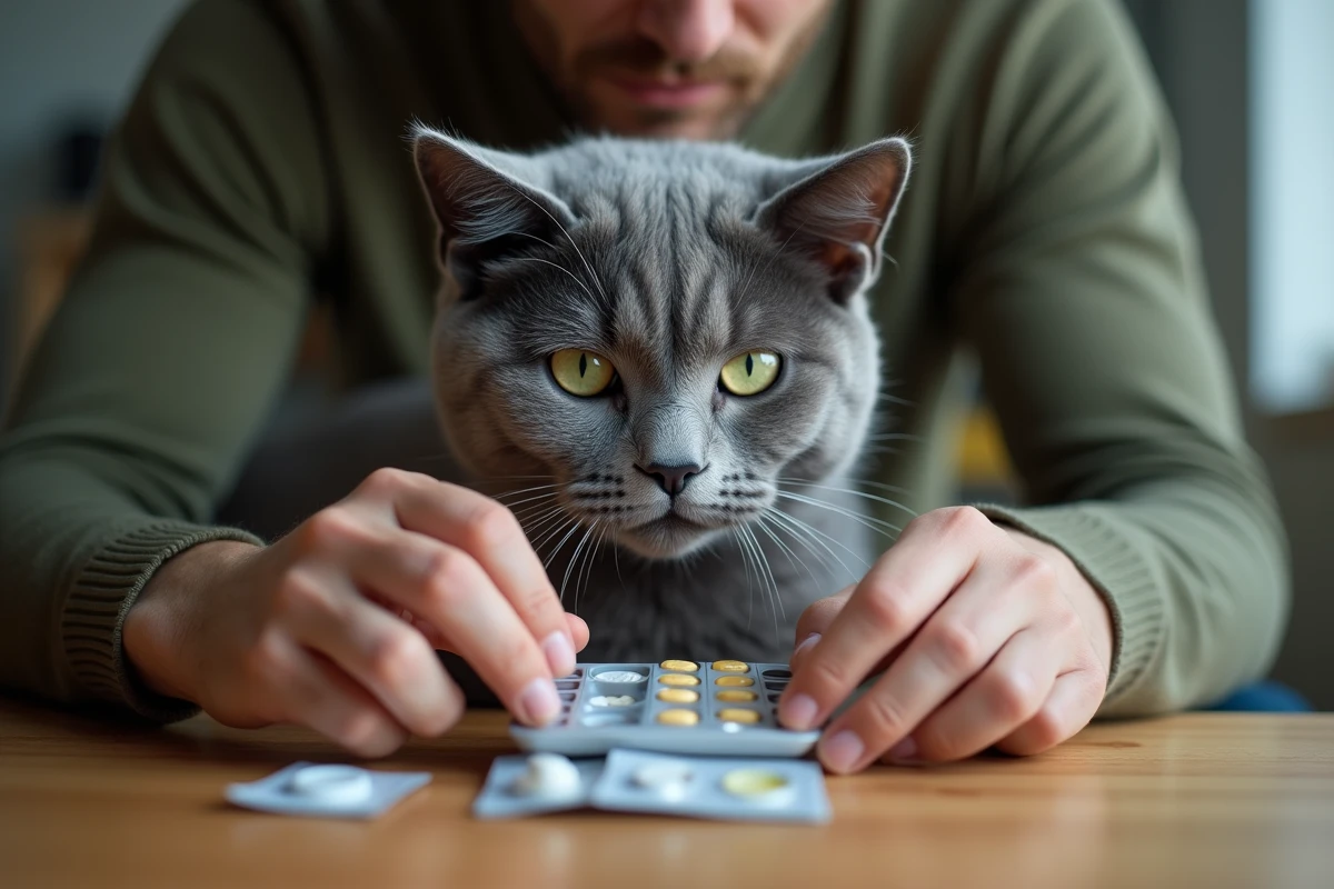 Portrait en gros plan d'un chat bleu de Russie aux yeux verts avec son propriétaire préparant ses compléments de santé