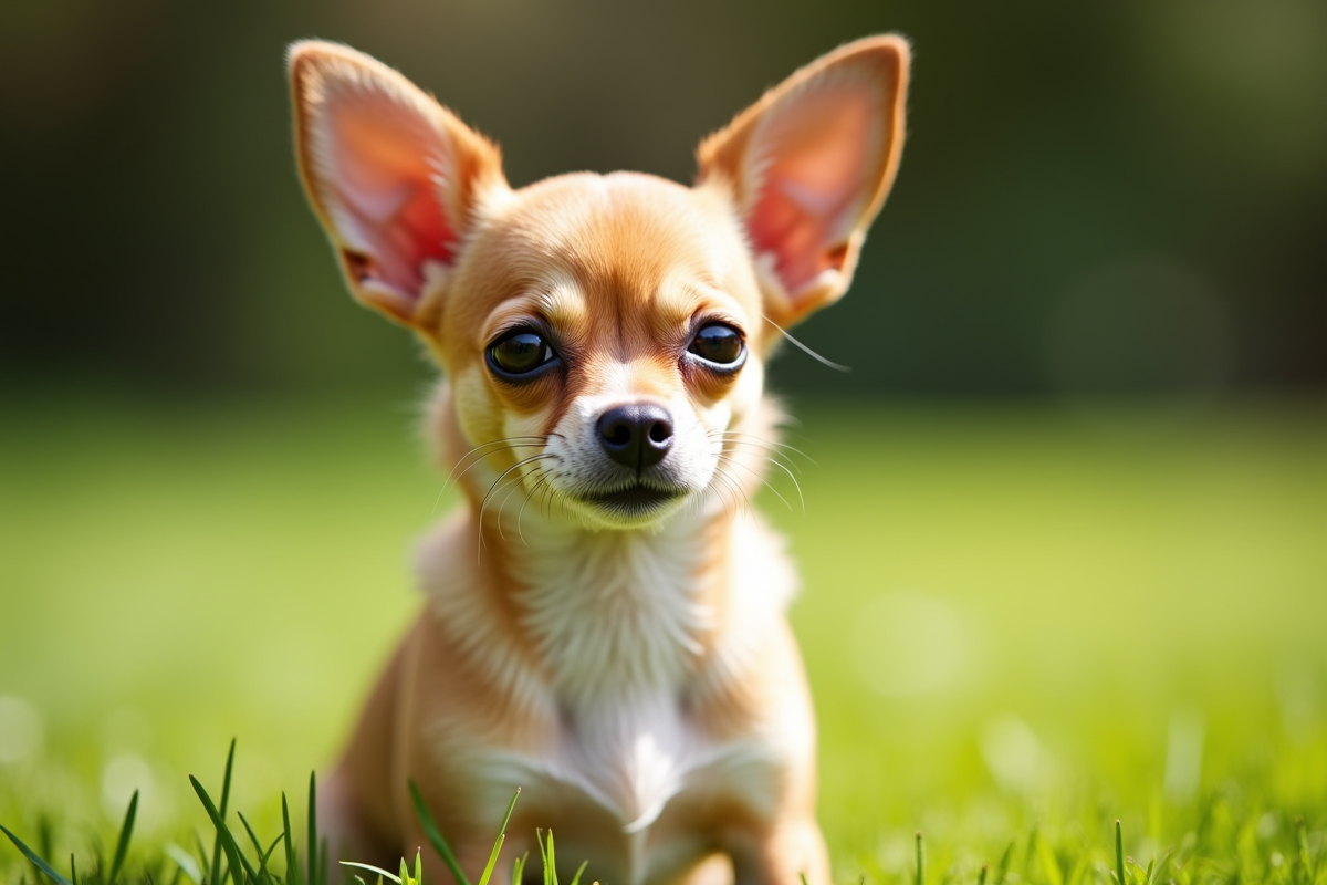 Portrait d un chihuahua assis dans l herbe verte