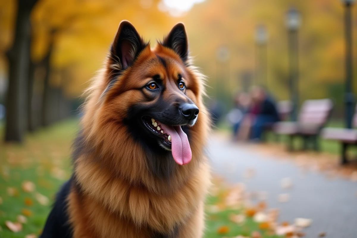 Portrait en gros plan d'un chien Eurasier au pelage épais roux et noir en automne dans un parc, avec un sous-poil dense visible