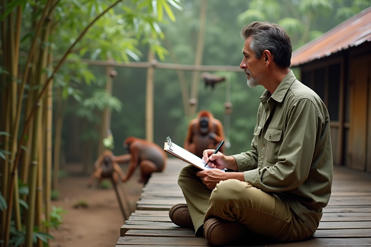 Primatologue prenant des notes sur une plateforme d'observation pendant une session d'enrichissement comportemental avec des orangs-outans