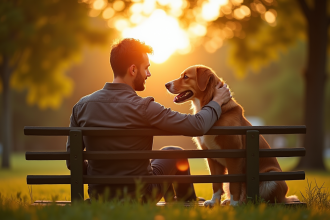 Homme et chien assis sur un banc au lever du soleil