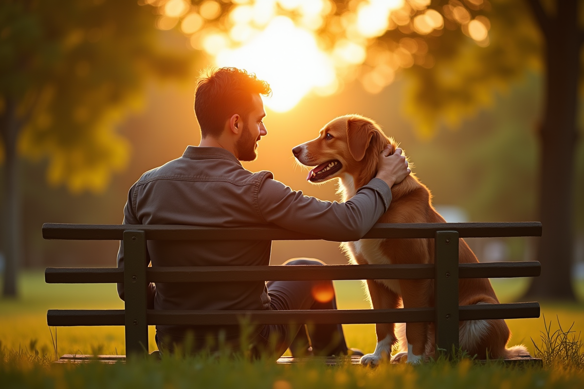 Homme et chien assis sur un banc au lever du soleil