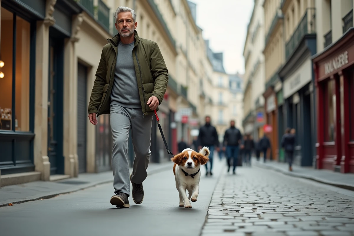 Homme promenant un Cavalier King Charles Spaniel dans une rue parisienne pavée, balade urbaine avec petit chien