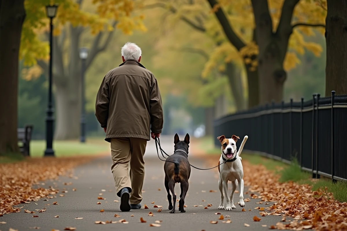 Homme marchant avec deux chiens dans un parc urbain